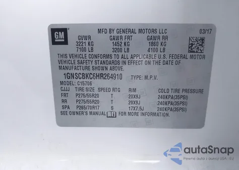 2017 Chevrolet Tahoe Lt z USA, uszkodzony, nr VIN 1GNSCBKC6HR264910